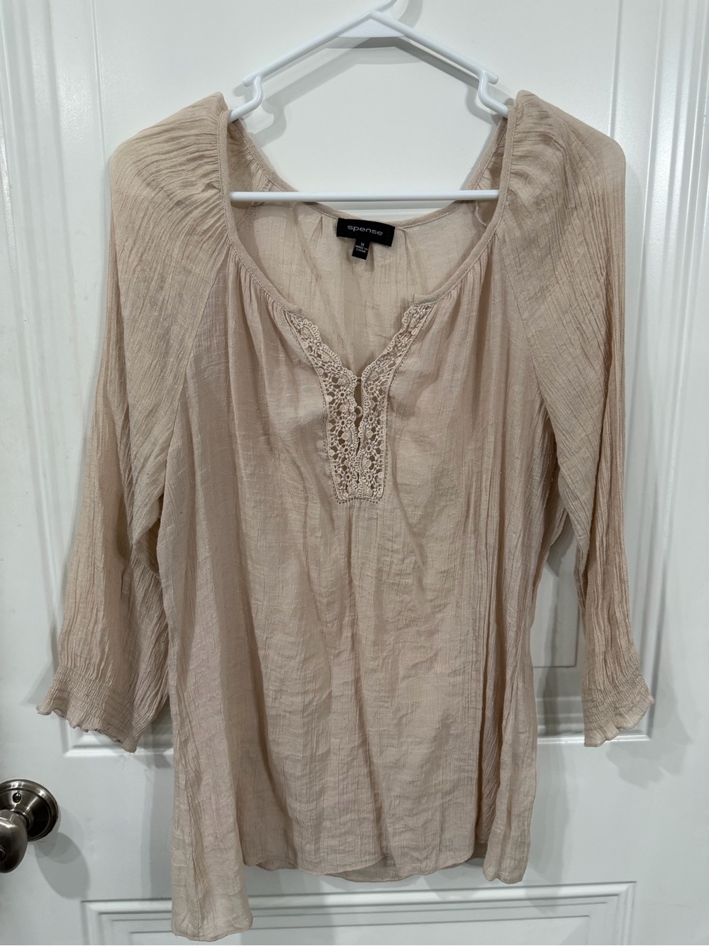 Spense Beige Embroidered Split-Neck Women's Top